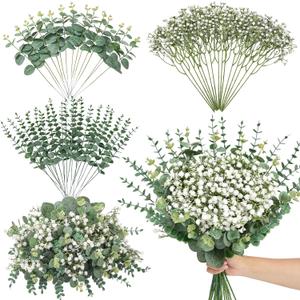 Serwalin 50 Pcs Mixed Artificial Eucalyptus Stems,Babys Breath Artificial Flowers Bulk with Faux Eucalyptus Leaves Greenery Stems for Wedding DIY Bouquets Floral Arrangement Home Decor