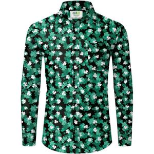 Arvilhill Mens St Patrick's Button Shamrock Clover Printed Long Sleeve Shirt (S-3XL) (Green, XXL)