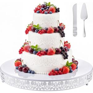 Wenqik 20 Inch White Cake Stand Set Metal Round Cupcake Dessert Stand with Cake Cutting, Flower Spatula Wedding Cupcake Pastry Display Candy Holder Display for Wedding Party Birthday Baby Shower
