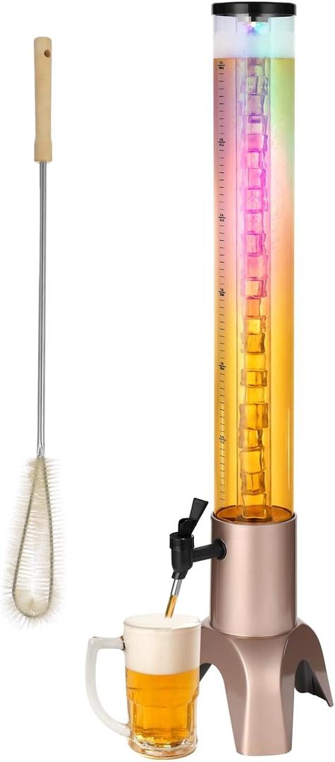 Mimosa Tower Dispenser,3L Drink Tower with Ice Tube & LED Light, 3.17 Qt./100oz Upgrade Tabletop Beer Towers Dispenser with Leakproof Spigot & Brush for Juice Beverage, Parties Bars Restaurants