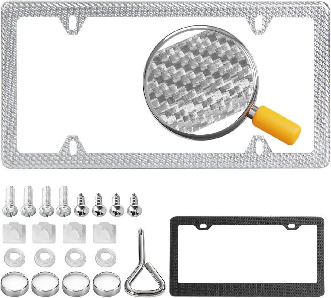 Real Carbon Fiber License Plate Frame, 100% Pure Carbon Fiber Frame, Black License Plate Holder Cover with Screw Caps, Anti-Vibration Pads(Twill 4 Hole-Silver)