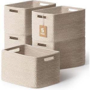 5 Pack Woven Storage Baskets for Shelves, Decorative Basket Organizer Storage Bins for Toys, Books, Clothes, Closet, Nursery, Bathroom  Cotton Rope Shelf Baskets for Organizing and Decor, Khaki