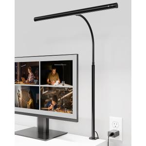 SUPERDANNY Desk Lamp for Home Office, Eye-Caring Desk Light with Adjustable Gooseneck, 12W Touch Control Dimmable Brightness, Architect Clamp Lamp for Computer Monitor, Black