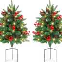 XmasExp Set of 2 Outdoor Christmas Tree with Lights Small Planter Bushes Battery Operated Artifical Urn Filler Outside Christmas Decorations for Front Porch,Yard,Pathway (Dark Green)
