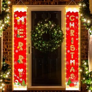 Merry Christmas Decorations Banners Outdoor - Red Hanging Cookie Pattern Banner with String Lights for Xmas Party Decor Outdoor Indoor Home Front Door, 600D Fabric Porch Sign