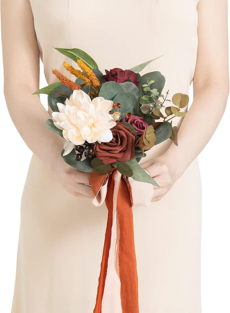Ling's Moment Artificial Flowers Terracotta Bridesmaid Bouquet, Fall Wedding Flowers Bouquets for Bridesmaids, 7 Inch Bridal Bouquets for Bridesmaids, Wedding Decor, Ceremony, Anniversary, etc (Or-burnt Orange)