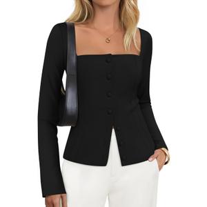 ZESICA Women's Spring Square Neck Blazers 2026 Casual Long Sleeve Button Up Work Business Fitted Blazer Jackets (Black, M)