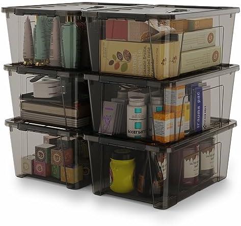 WYT 5-Quart Small Plastic Storage Container Bin with Secure Lids and Latch Buckles, Black Clear Durable Stackable Nestable Organizin, 6-Pack