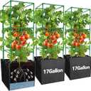 3 Packs 47 x 16 x 16 Inch Garden Tomato Cages with 17 Gallon Grow Bags- Square Plant Support Trellis Assembled with Planter Bags- Garden Cucumber Vegetables Frames for Vertical Climbing Plants