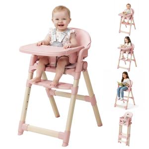 High Chair for Babies and Toddlers, Convertible Baby High Chair with Easy Clean Removable Tray, Multi-Use Foldable Highchair with Adjustable Legs (Pink)