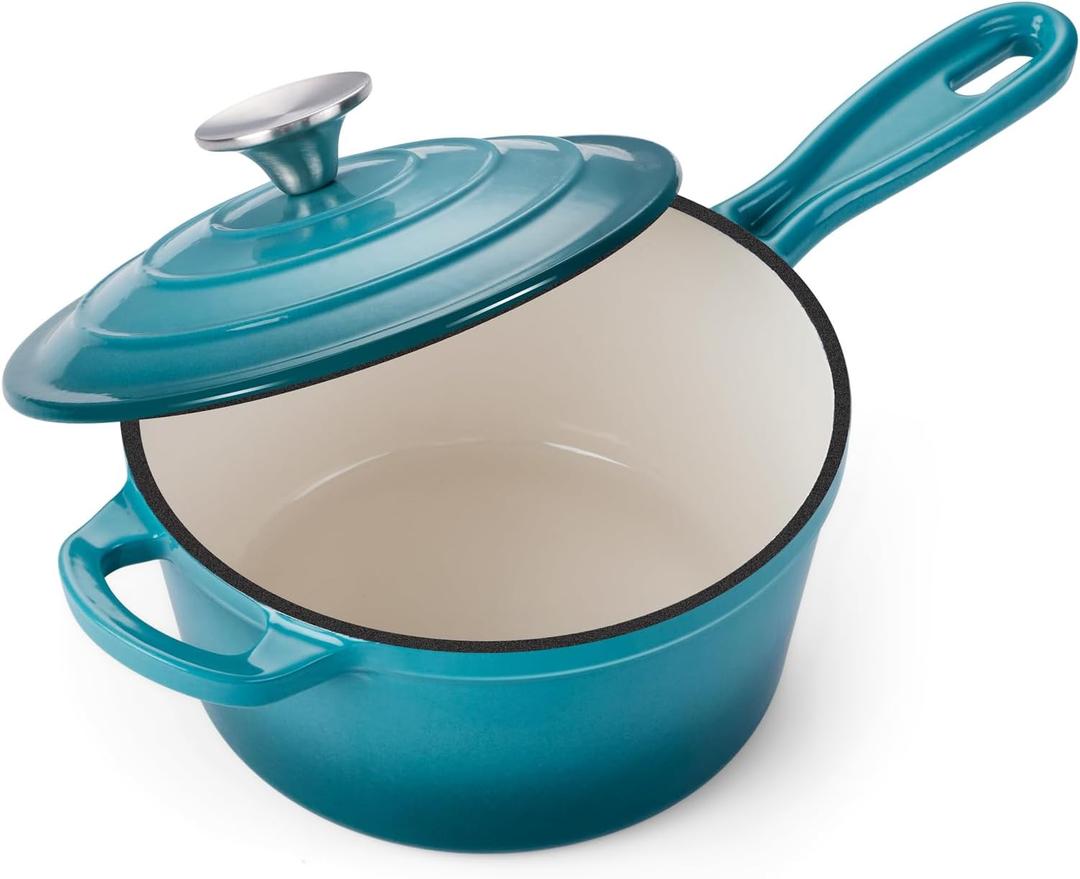 Onader Enameled Cast Iron Sauce Pan, 2QT Saucepan with Lid, Small Cast Iron Pot for Cooking, Enamel Dutch Oven Nonstick & Heavy Duty  Dark Cyan
