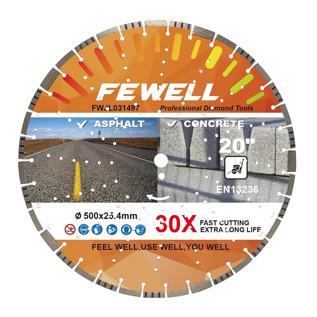 FEWELL 20" Concrete Diamond Saw Blade,Asphalt Diamond Blade Multi-Purpose for Cutting Hard Reinforced Concrete Asphalt Masonry Stone Terrazzo, Laser-Welded Segmented, 1"-20mm Arbor
