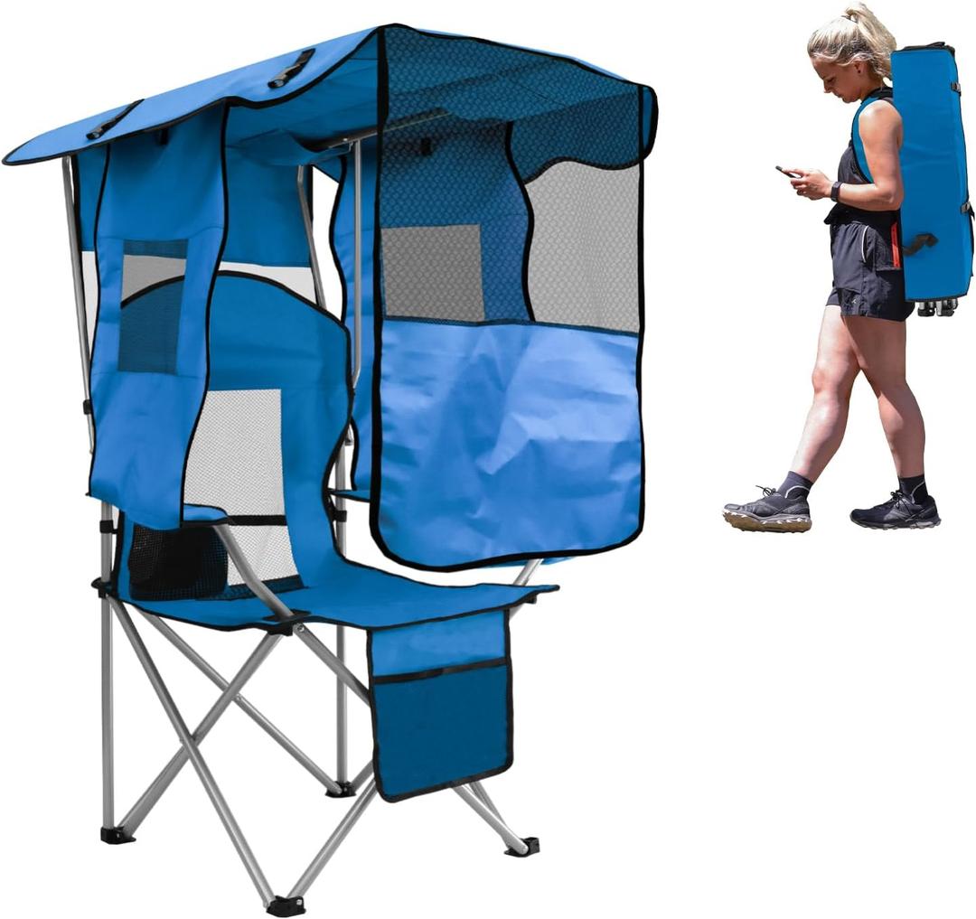 BESTHLS Portable Folding Camping Beach Chair with Canopy Shade Adult Blue