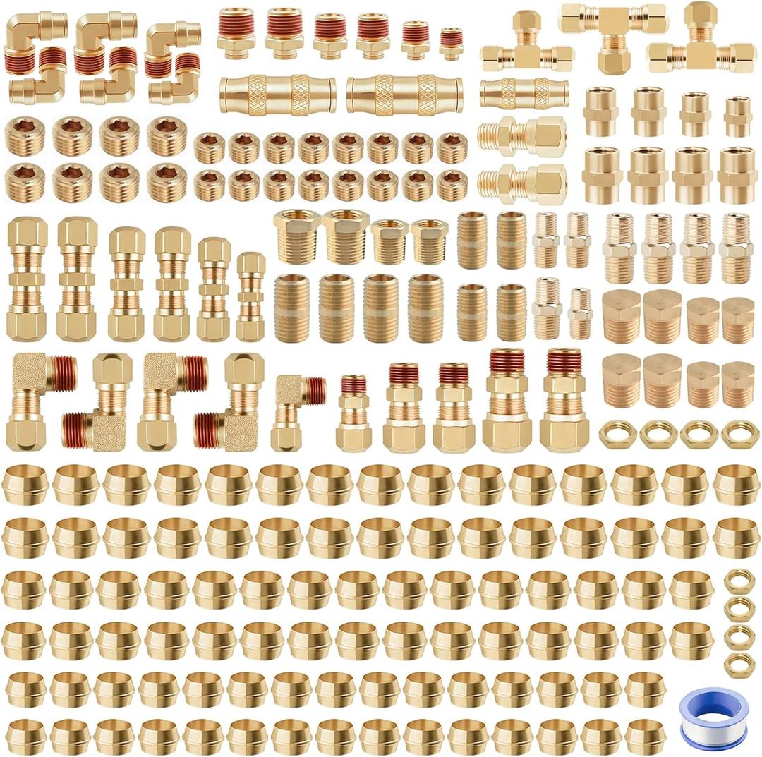 220Pcs Brass DOT Air Line Fittings Push Lock Air Fittings & Air Nylon Tube Compression Fittings Kits,1/4" 1/8" 3/8" 1/2" NPT Push To Connect Fittings Quick Connect Air Hose Fittings Assortment