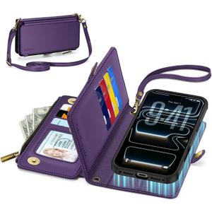 TUCCH Removable Crossbody Wallet Case for iPhone 17 Pro Max, RFID Blocking 10 Card Holders, Lanyard, Wrist Strap, Wireless Charging, Stand, Zipper Pocket, PU Leather, Magnetic Flip Cover, Deep Purple