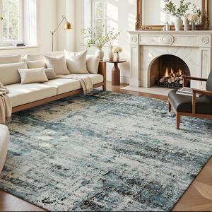 Area Rug 9x12 Washable Rug Blue for Living Room, Dining Room, Bedroom, Large Carpets, Non Slip & Non-Shedding Low Pile Vintage Print Rug for Home Office Decor