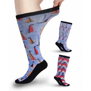 Diabetic Socks for Women & Men Extra Wide, Over The Calf Non Binding Lymphedema Neuropathy Swollen Feet for Women Men (H-sailboats & Digital-2pairs), XL