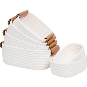 Storage Baskets for Organizing, Small Woven Basket Set of 6-4 Shelf Basket with Leather Handle and 2 Small Gift Baskets, Cotton Rope Basket for Shelves, Nursery, Dog Toy, Bathroom (White) 12.6"D x 9"W x 4.3"H