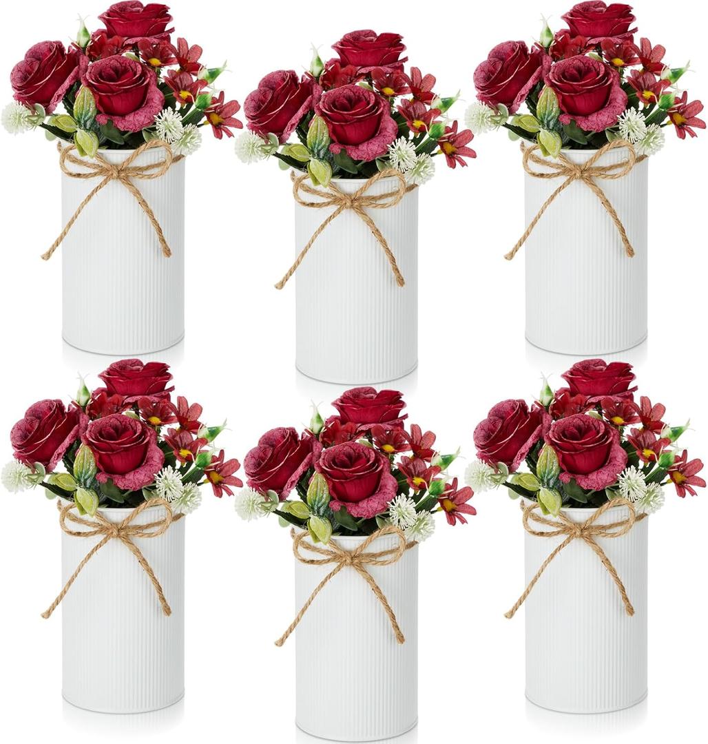 Domensi 6 Sets Valentine's Day Wedding Centerpiece for Table Decoration Red Artificial Fake Rose Flower with Metal Vase Faux Silk Rose Bouquet Floral Arrangement for Bridal Shower Home Dining