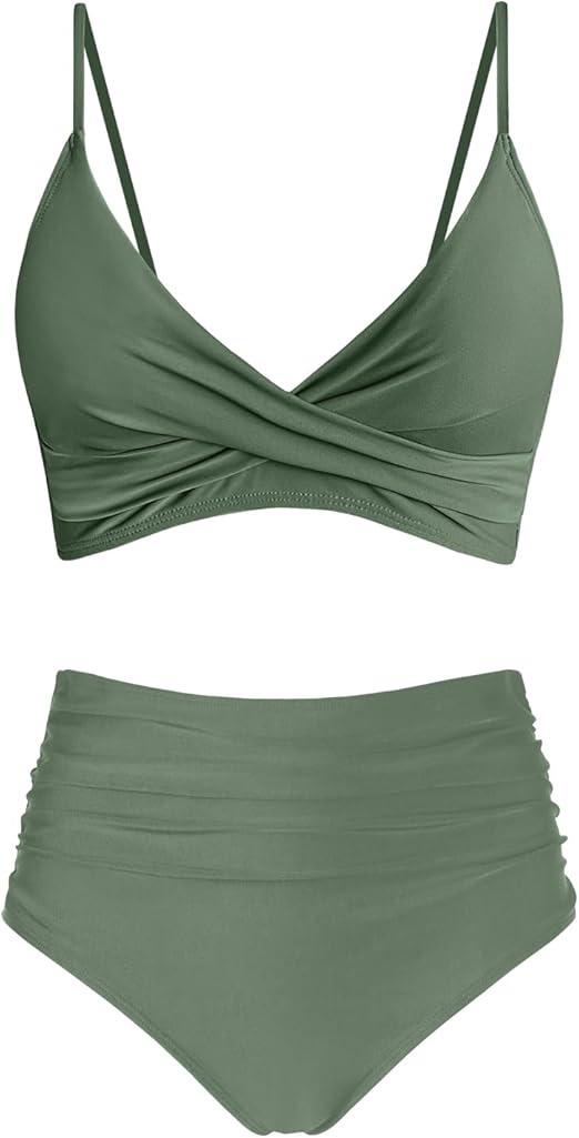 Women's High Waisted Bikini Sets Push Up Twist Front Spaghetti Straps Ruched Two Piece Swimsuit Bathing Suit Olive L
