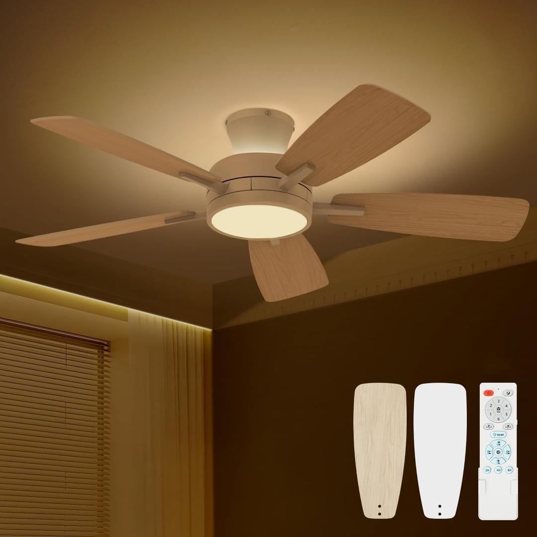 TALOYA Ceiling Fans with Lights and Remote, 46 Inch Low Profile Ceiling Fan with Light, Flush Mount, Reversible, 3CCT, Dimmable White Modern Ceiling Fan for Bedroom, Living Room, Outdoor Patio