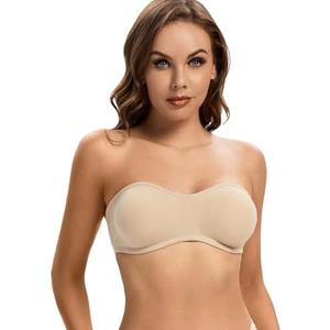 ANGOOL Strapless Bra for Women Padded Non-Slip Silicone Bandeau Bra Seamless Comfortable Wirefree Tube Top Bralette, (Beige, Small)