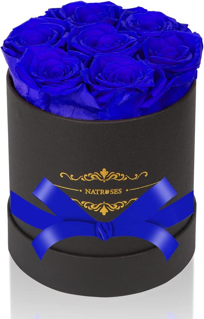 NATROSES 7 Piece Preserved Roses in a Box, Preserved Flowers for Birthday, Flower Gifts for Mothers Day (Royal Blue) (Medium)
