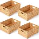 Layhit 4 Pcs Wicker Storage Basket Water Hyacinth Handwoven Baskets with Handles Foldable Woven Organizer Multipurpose Wicker Storage Bins for Bedroom Living Room(16.5 x 13 x 7.5'',Natural)