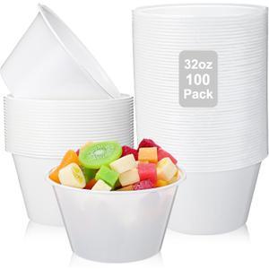 100 Pcs 32 Oz Disposable Plastic Bowls Stackable Salad Bowls Large Serving Soup Tableware Candy Bar Containers for Party Salad Bar Buffet Serving (White)
