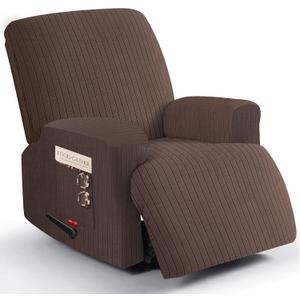 3 Pieces Stretch Recliner Chair Covers - Striped Pattern Slipcovers & Durable Furniture Protectors for Kids and Pets (1 Seater, Chocolate)