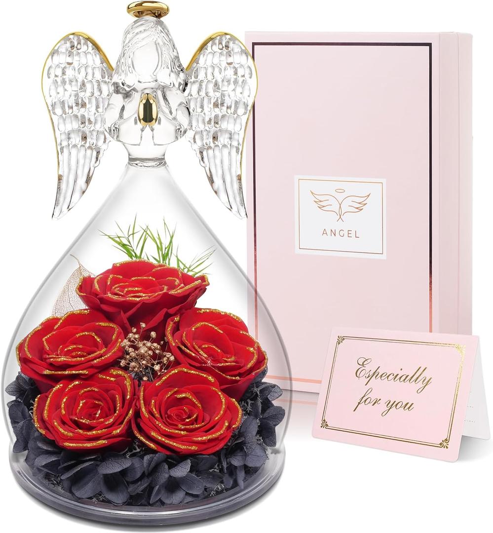 Yamonic Mothers Day Rose Gifts for Mom, Angel Figurine with Five Roses Gifts, Preserved Flowers Forever Real Rose Mom Gifts for Women, Birthday Gifts for Mom Grandma Christmas Mother's Day Valentine (5 Roses-red gold)