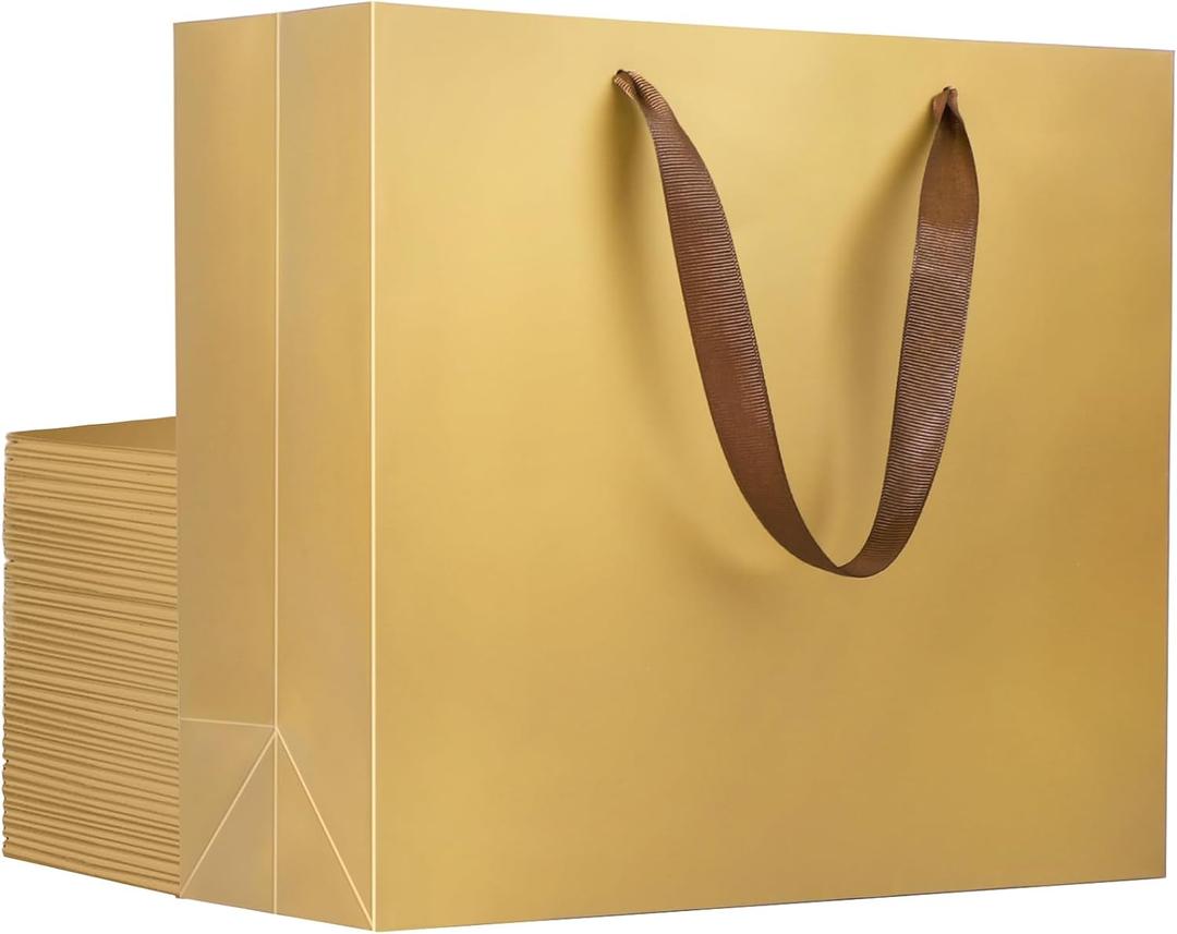 EUSOAR Gift Bags - Bulk 50pcs, 12.5"x4.5"x11" Paper Bags with Handles for Thank You Presents, Merchandise, Shopping, Retail Wrapping, Craft, Grocery, Boutique, Party Favors, Wedding (Champagne Gold)