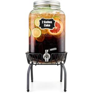 2 Gallon Beverage Dispenser with Stand and Lid, 18/8 Stainless Steel Spigot - Mason Jar Drink Dispensers with Lids, Glass Drink Dispensers for Parties