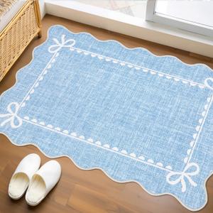 GarveeHome Scalloped Bow Rug for Kitchen Floor, Solid Blue Rug for Dorm, Washable Entryway Rugs 2x3 Soft Low Pile Non Slip Scalloped Rugs for Nursery Bedroom Decor Hallway