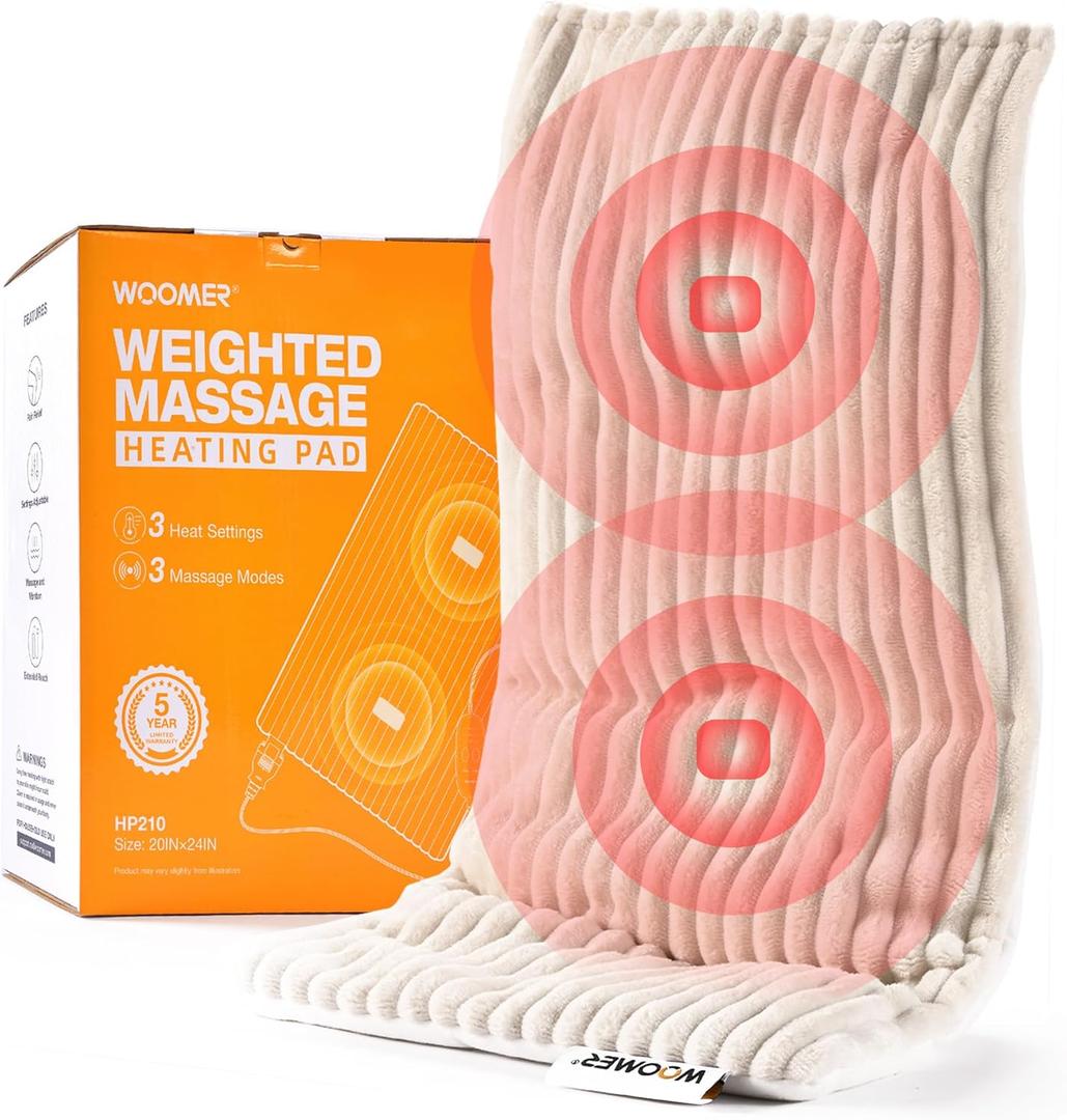WOOMER Weighted Massage Electric Heating Pad for Back Pain, Neck and Shoulders Cramps Relief, 12x24, 3.7lb BPA-Free and Non-Toxic Beads, 4 Heat Settings, 4 Massage Modes, 2h Auto-Off