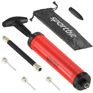 SPORTBIT Ballpump for Sports Balls - Basketball Pump for Sport Balls - Football & Soccer, Basketball, Volleyball Pump, Swim Inflatables - Hand Air Pump with 3 Needles, Nozzle, Extension Hose, Pouch (Red)
