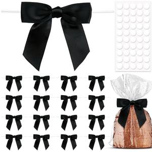 Pndeyo 20pcs Black Twist Tie Bow for Crafts, 3.5" Small Premade Gift Bow, Satin Ribbon Bowknot for Wrapping Gift Bakery Candy Treat Bag Christmas Halloween Wedding Bridal Shower Decor