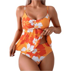 SweatyRocks Women's Floral Print Twist High Waisted Tankini Swimsuit 2 Piece Bathing Suit (Orange, XL)
