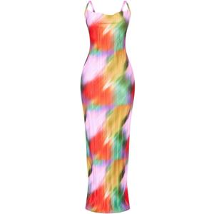 LASPIA Cowl Neck Dress Sexy Strap Shoulder Pleated Maxi Dresses Summer Wedding Guest Dresses for Women (Small, Rainbow)