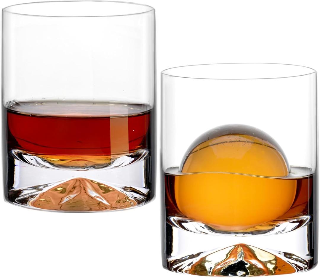 Hand Blown Crystal Whiskey Glasses Set of 2,12 oz Old Fashioned Cocktail Glasses,Lowball Rocks Glass,Unique Hexagonal Base for Bourbon,Scotch and Juice,Perfect for Oversized Ice Cubes