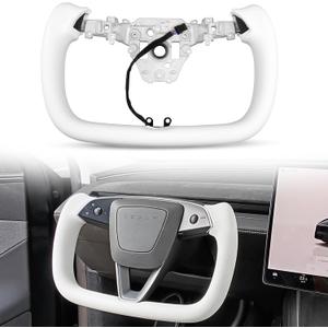 Model Y Juniper Yoke Steering Wheel 2026 2025, Nappa Leather Steering Wheel for Tesla Model Y Juniper 2026 Accessories With Heating Function No Front Trim (White Nappa, Glossy Carbon Fiber)