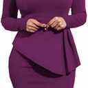 Women's Peplum Bodycon Long Sleeve Wear to Work Dresses Bow Party Club Ruffle Formal Cocktail Pencil Dress (Purple, XL)