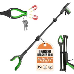 Extra Long Grabber Reacher Tool, 75" Aluminum Foldable Reacher Grabber, Dual Magnetic Tip Pickup Grabber Trash Picker, Strong Grip Aid for Upper Shelves, Elderly, Surgery Recovery Must Have