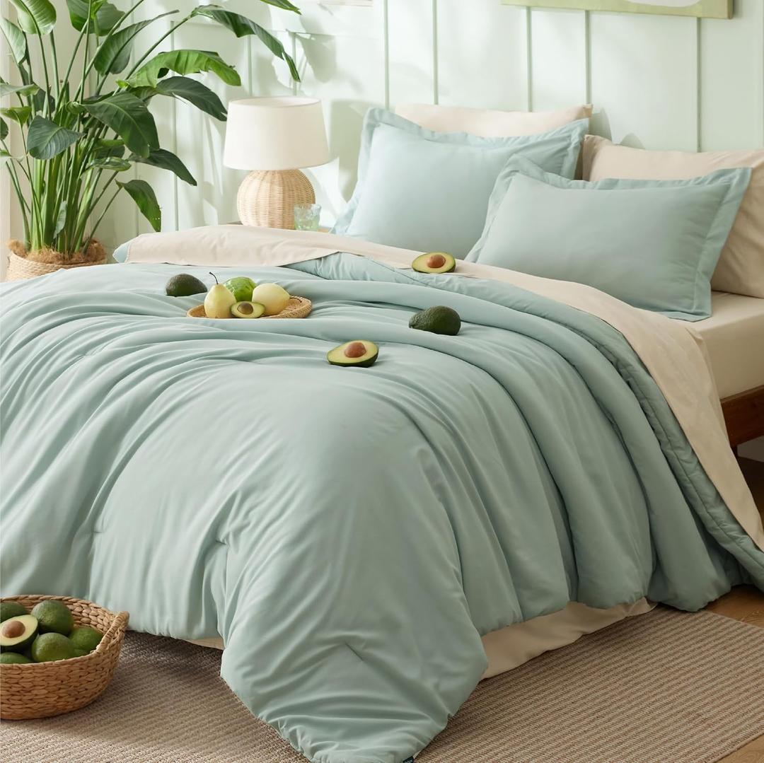 Bedsure Full Size Comforter Set - 7 Pieces Sage Green Full Bedding Set for All Seasons, Boho Contrasting Design Bed in a Bag with Comforter, Sheets, Pillowcases & Shams