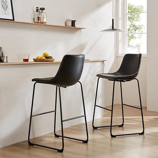 Sweetcrispy Counter Height Bar Stools Set of 2, 30 inch Height Stool Faux Leather Barstools with Back, Armless Kitchen Island Countertop Comfortable Modern Chairs with Metal Legs, Elegant Black