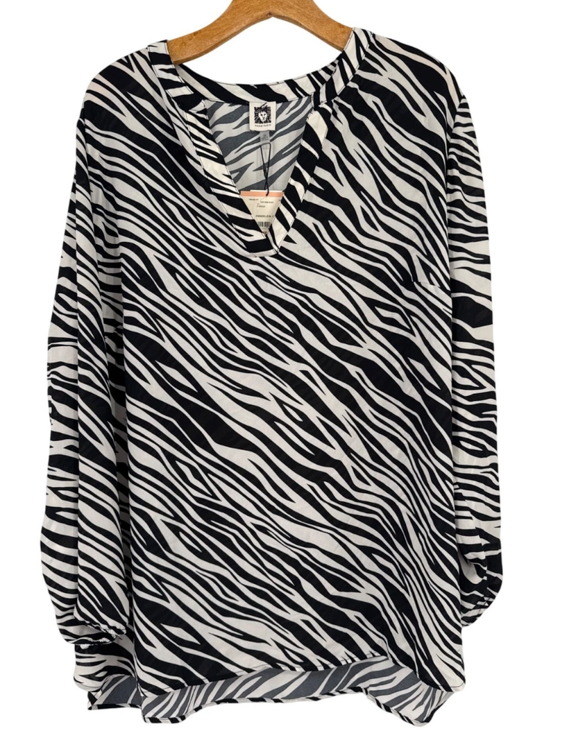 Anne Klein Women's Split Neck High Low Long SLV Blouse, Black&White, XXL