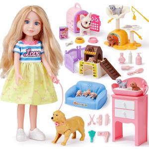 Golray 14'' Doll Pet Playsets for Girls Toy30+Pcs Pretend Play Interactive Dog Pet Accessories with Carrier/ Sink/ Sofa, First Toddlers Blonde Doll Set, Birthday for Girl Ages 4 5 6 7