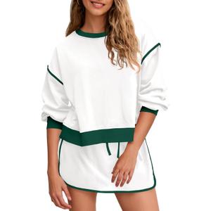 Fisoew Womens Sweatsuits 2 Piece Set Crewneck Sweatshirts High Waisted Skort Skirts Tennis Running Tracksuits Shorts Sets (White, L)