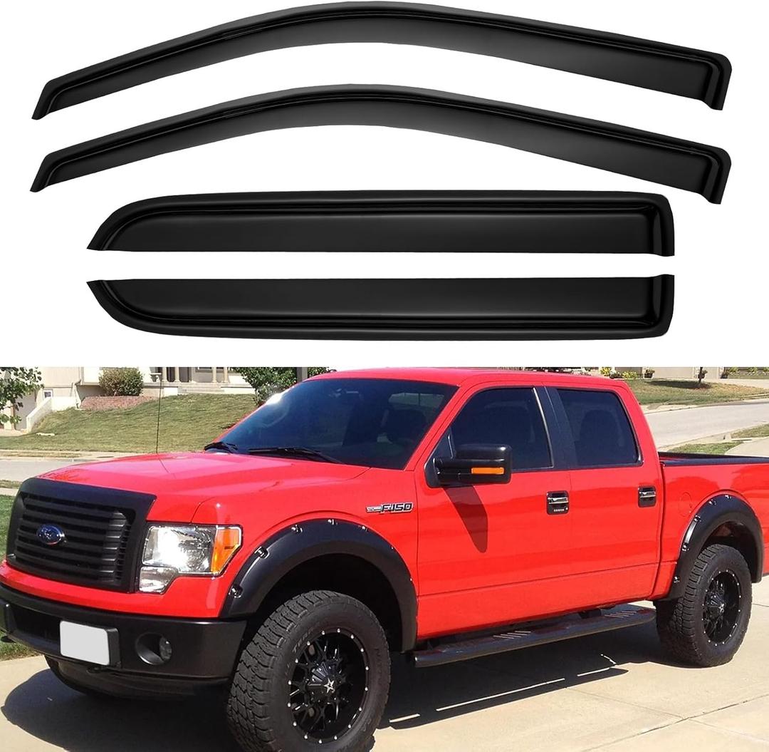 Window Visors Rain Guards for 2009-2014 Ford F150 SuperCrew Cab, Out-Channel Window Vent Wind Deflectors Visors Shades for 2010-2014 F-150 SVT Raptor Full-Size Cab