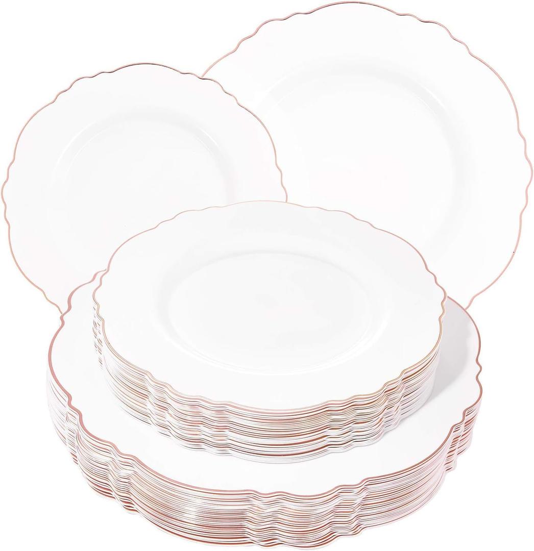 WDF 60pcs Rose Gold Plastic Plates-Baroque White &Rose Gold Disposable Plates including 30Plastic Dinner Plates 10.25inch, 30 Salad Plates 7.5inch for Wedding & Parties